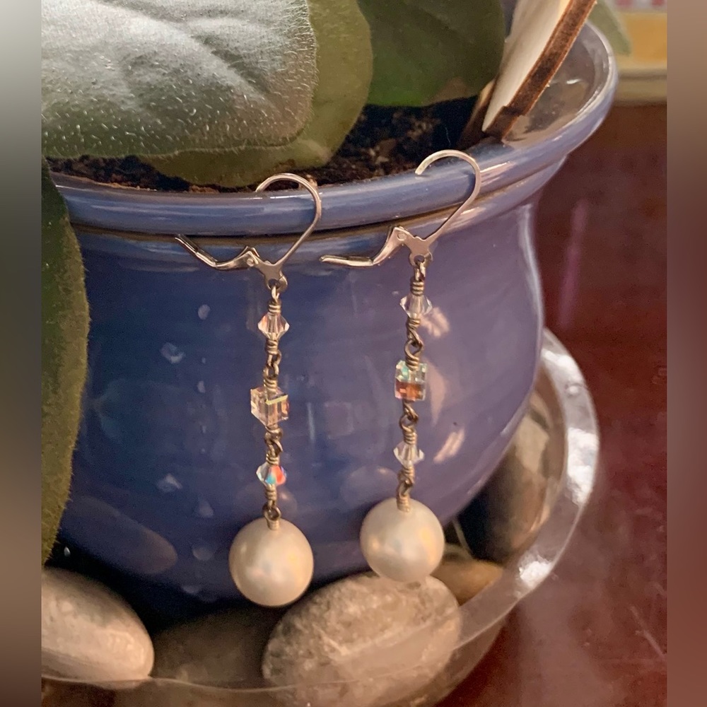 Sterling Silver, Swarovski Crystal, and Faux Pearl Dangle Earrings